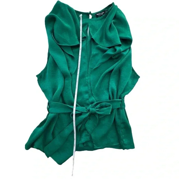 Women’s Satin Green Blouse features a tie-belt at waist, relaxed silhouette - Picture 10 of 14